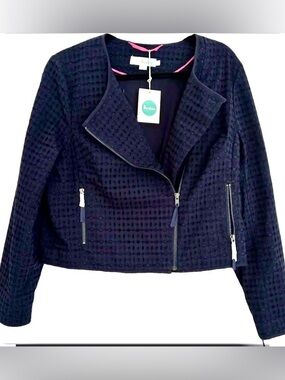 New Boden Amelie Broderie Navy Eyelet Asymmetric Zip Moto Jacket